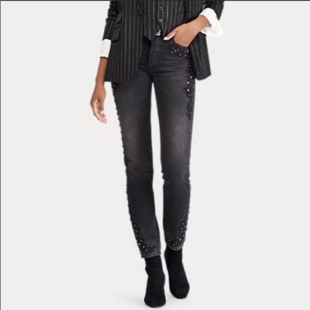 Ralph Lauren Studded High Rise Slim Jeans in Black Size 27